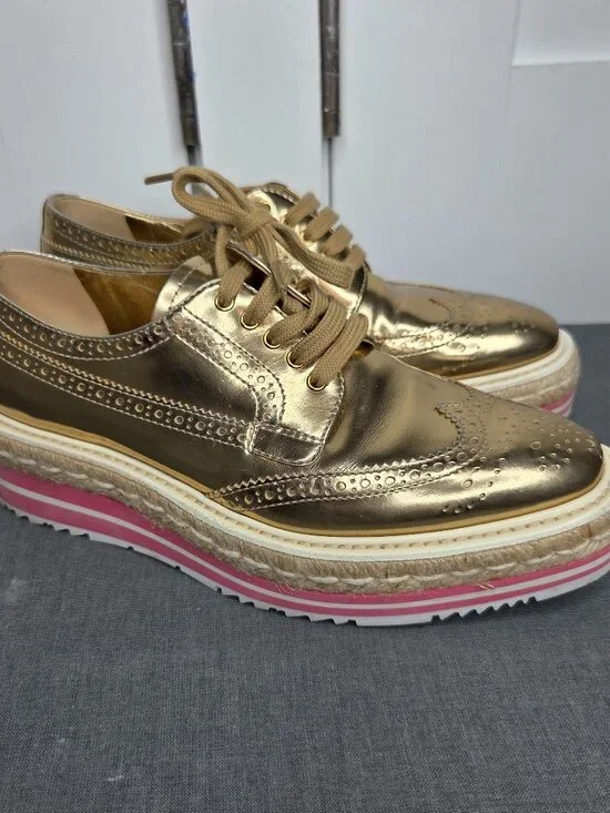 Prada Gold Metallic Platform Brogue Oxfords Espadrille Sole Women's 37.5 - Picture 2 of 13